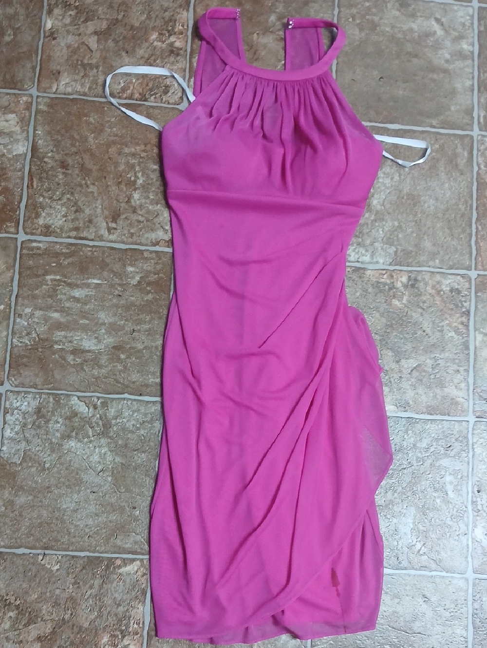 GUC David's Bridal Fuchsia Sheer Overcovering Halter Midi Dress Size 2